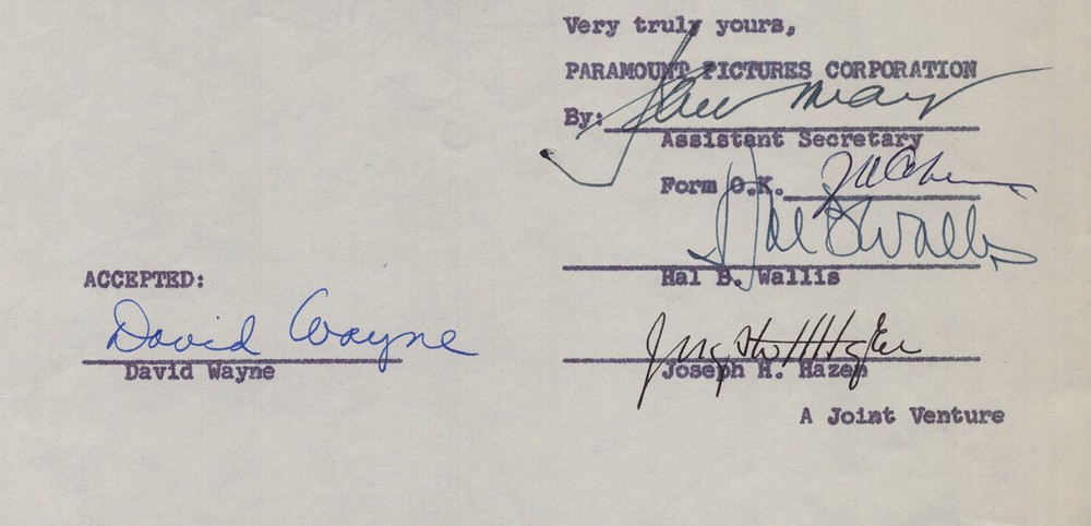 DAVID WAYNE - DOCUMENT SIGNED 03/07/1957 WITH CO-SIGNERS