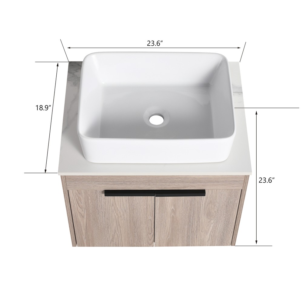 24"Modern Wood Floating Wall Mounted Bathroom Vanity +Ceramic Rectangular Basin