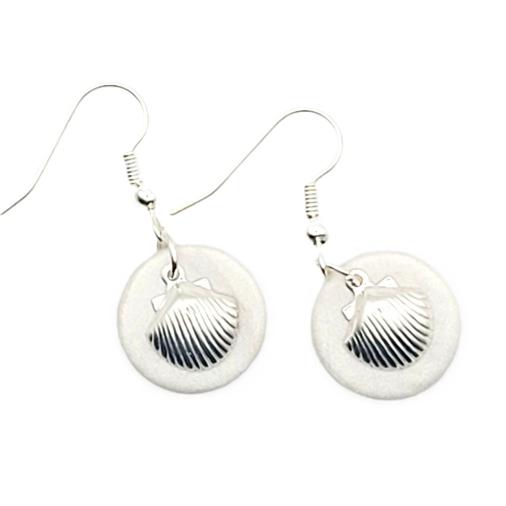 Pearlized White Earrings with Silver Shell Charms - Dangle Earrings - Handmade