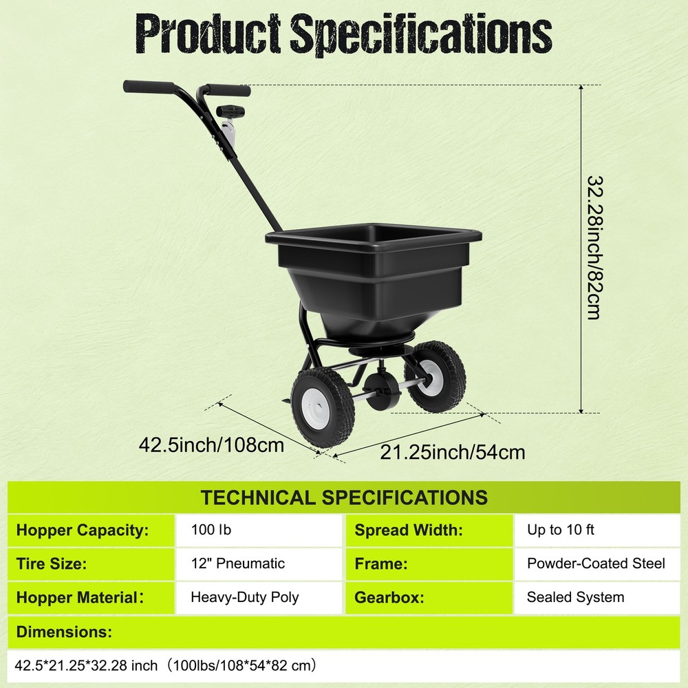 Fertilizer Spreader Walk-Behind Broadcast Spreader 100LB 0-10ft Spreading Width