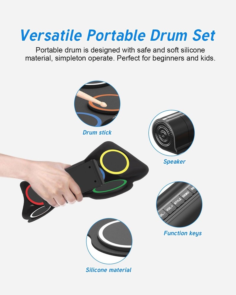 7 Pad Electronic Drum Set, Roll Up Drum Practice Pad Midi Drum Kit with Headp...