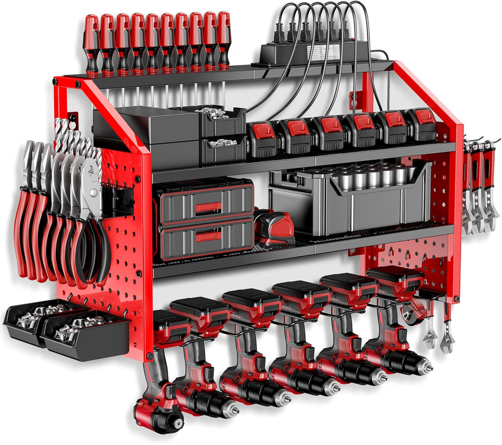 Heavy Duty Wall Mounted Power Tool Storage Organizer with Charging Station