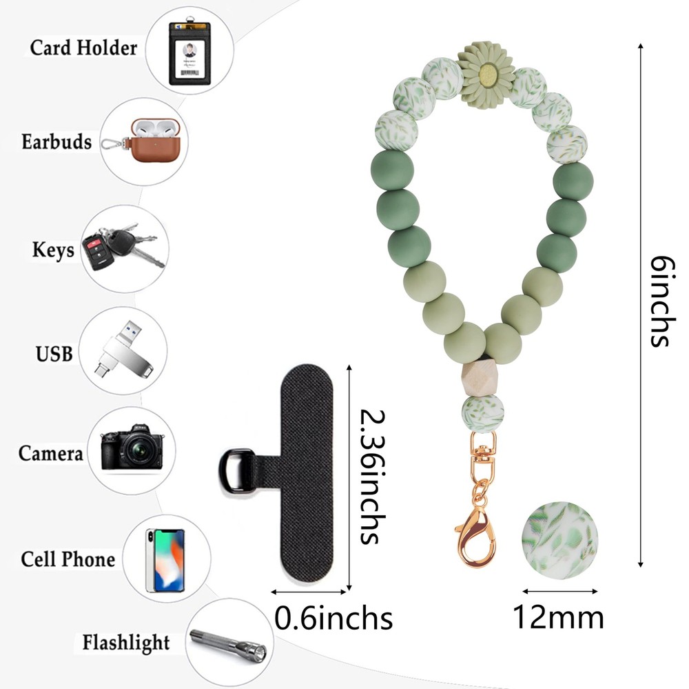 Lostars Silicone Beaded Phone Wrist Strap, Green Daisy Bracelet with Tether Tab