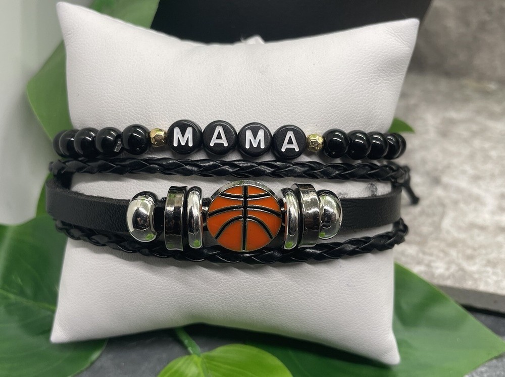 2 PC Basketball Mama Bead PU Leather Bracelet Stackable Adjustable Tie New B830