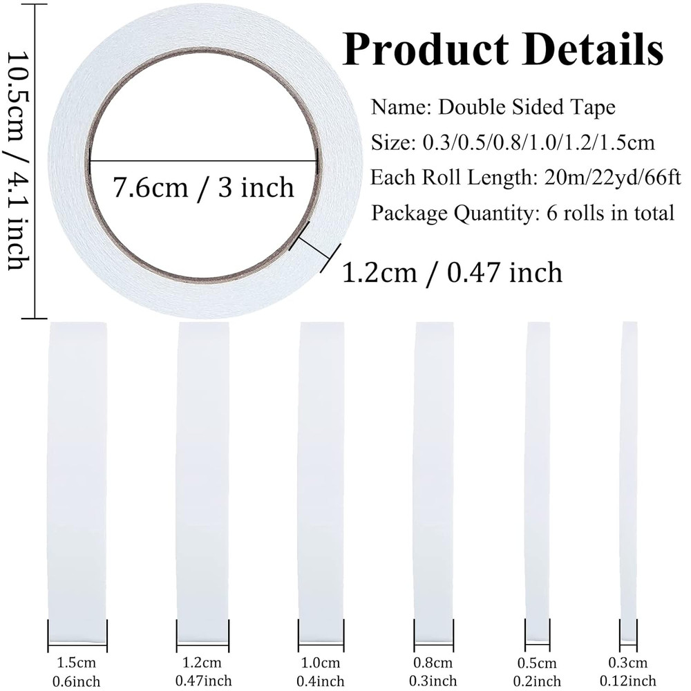 Double Sided Tape for Crafts, 6 Rolls Multi-Size Double-Sided Adhesive Tape for
