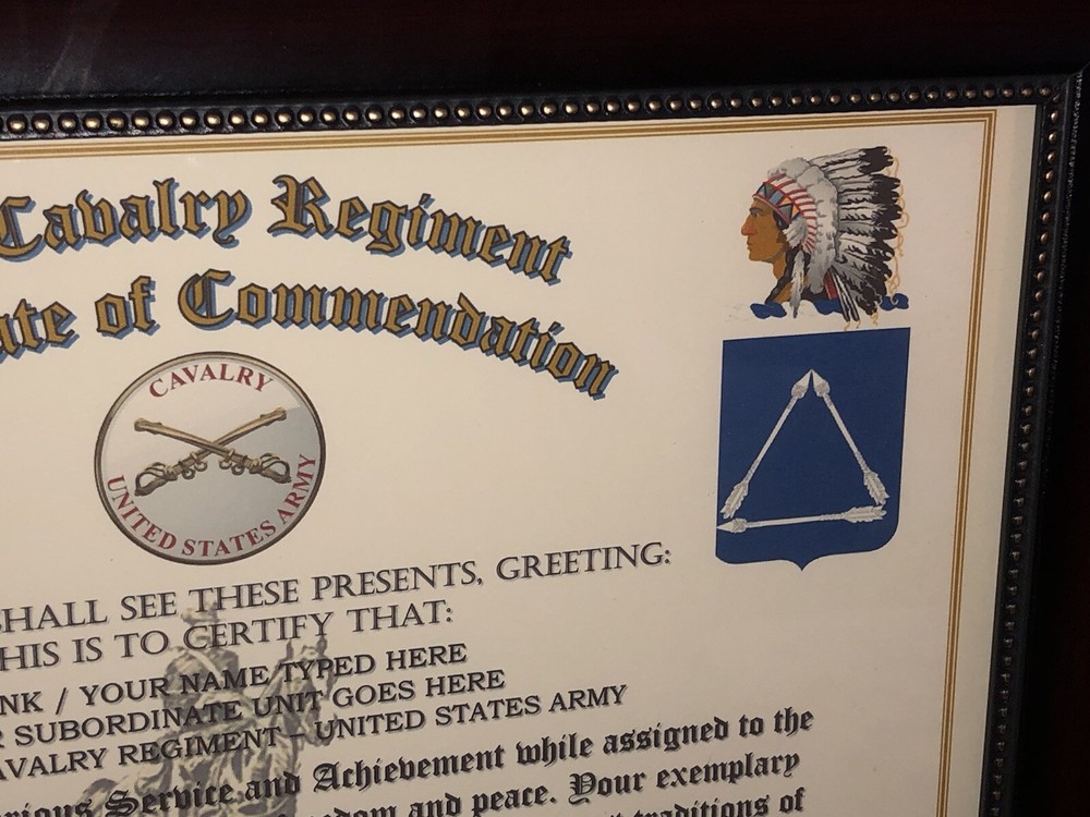 180TH U.S. CAVALRY REGIMENT / COMMEMORATIVE - CERTIFICATE OF COMMENDATION