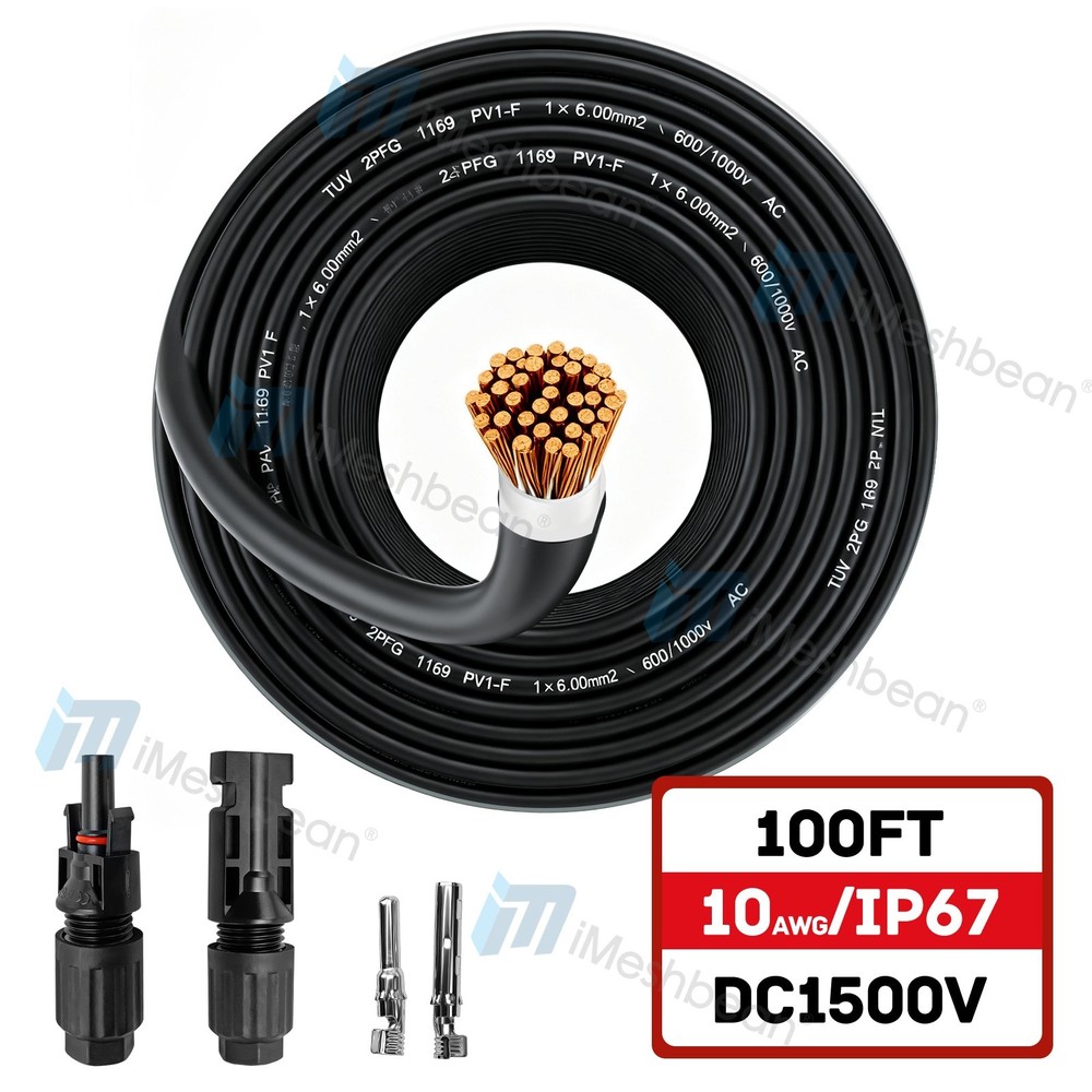 100ft Solar Panel Extension Cable 10AWG 6mm² Tinned Copper PV Cable Solar Wire