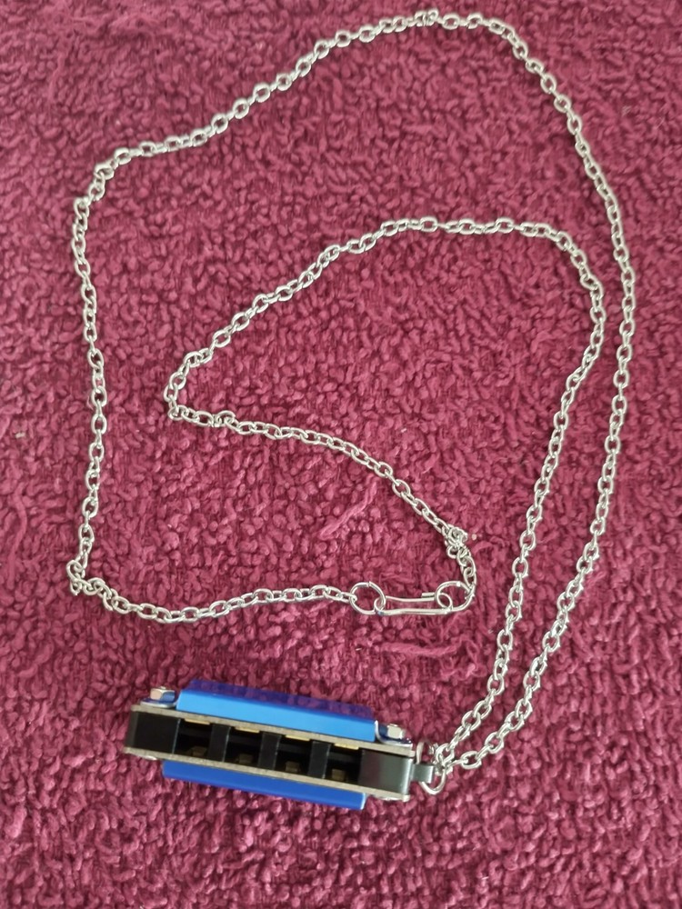 New Mini Blue Harmonica With Neçklace. 4 Hole. Playable! Neat!