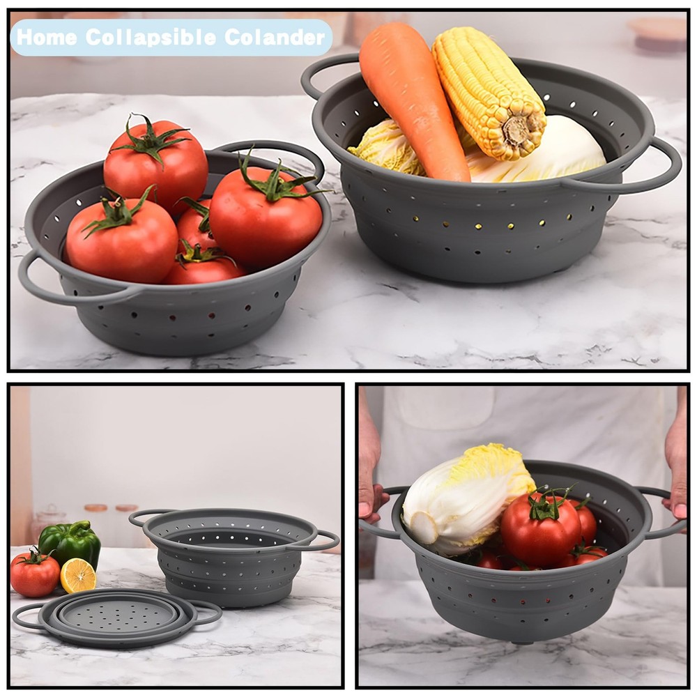 Collapsible Colander with Handle, Silicone Kitchen Colander for Easy Storage,...