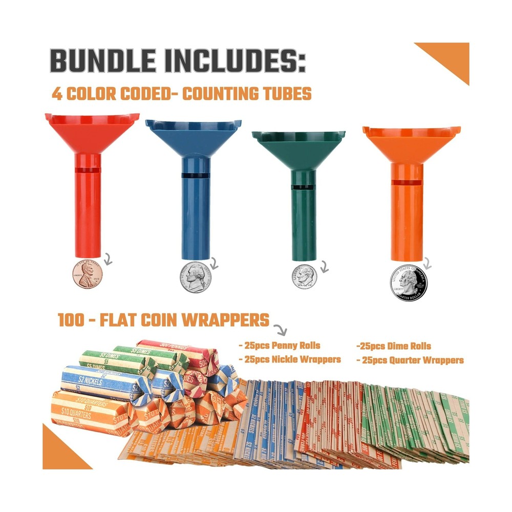 Coin Counters & Sorters Plastic 4 Color-Coded Tubes Bundle 100 Assorted Wrappers
