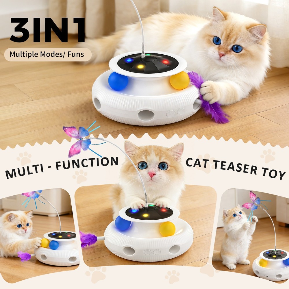 Cat Toy,3-in-1 Automatic Interactive Electronic Moving Ambush Feather,Track Ball