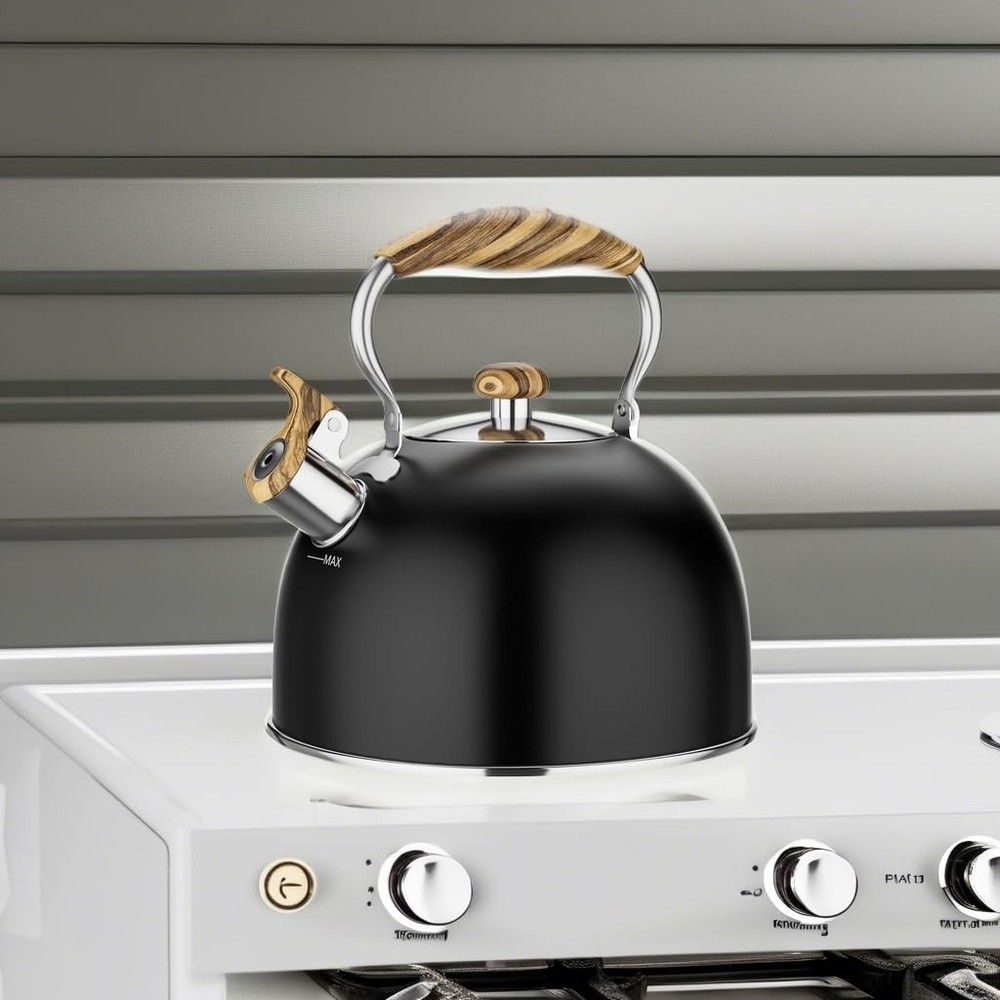 Whistling Tea Kettle 2.6 Quart with Cool Wood Pattern Handle Black Color
