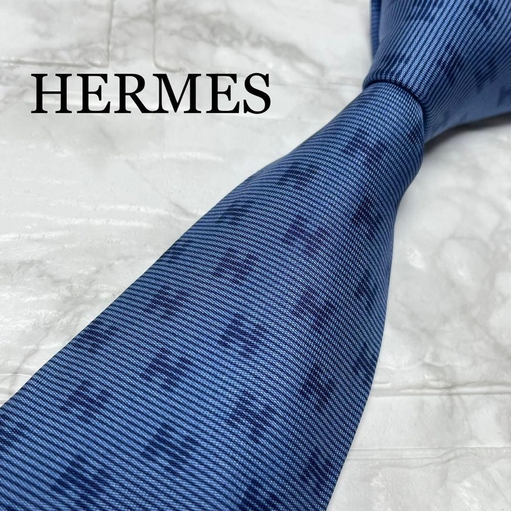 HERMES Tie H Pattern Silk Blue