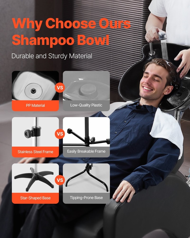 Portable Shampoo Bowl Deep Shampoo Sink Adjustable Height & Angle Includes