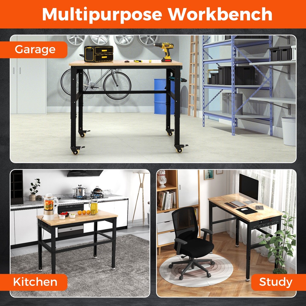 48" Adjustable Workbench w/ Power Outlet Universal Lockable Wheels Workshop