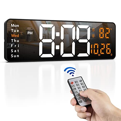 16" Large Digital Wall Clock with Remote, Large Display LED Wall Clock White