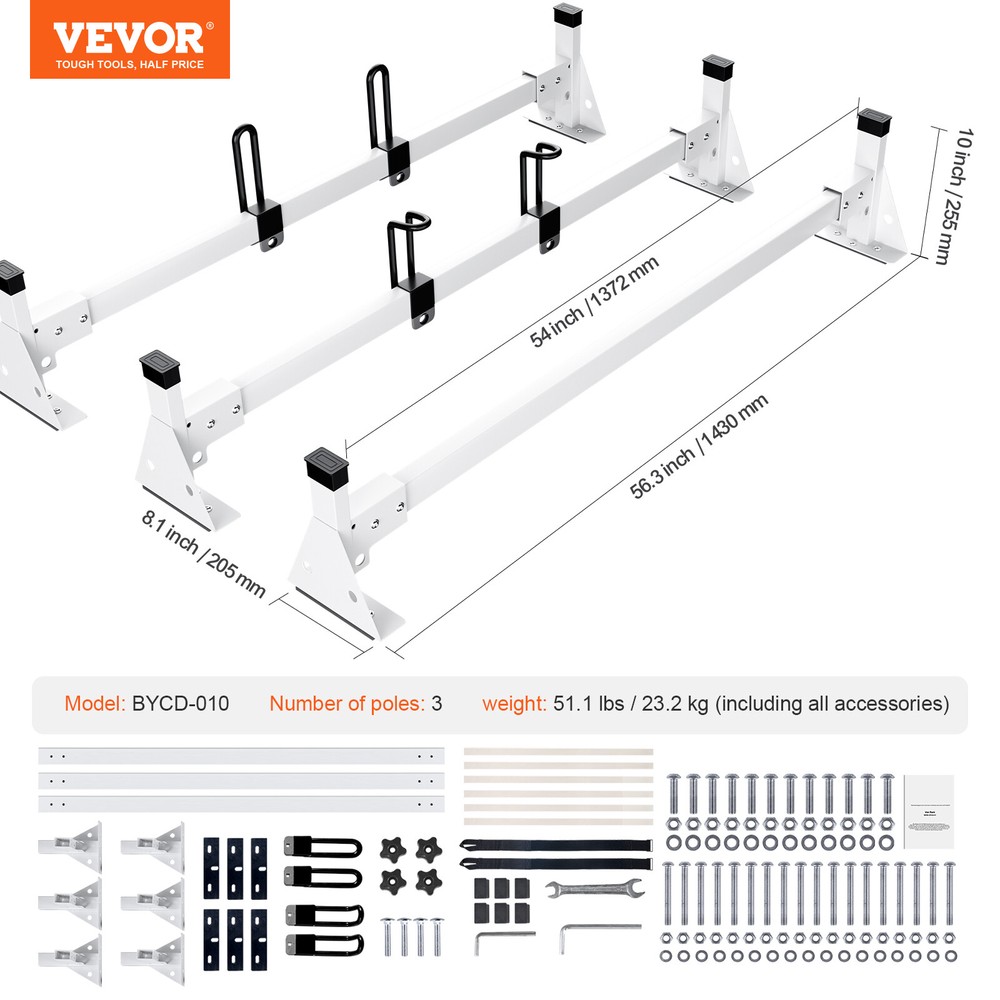 VEVOR 3 Bar Van Roof Ladder Rack for Ford Transit 150 250 350 2015-2022 800 LBS