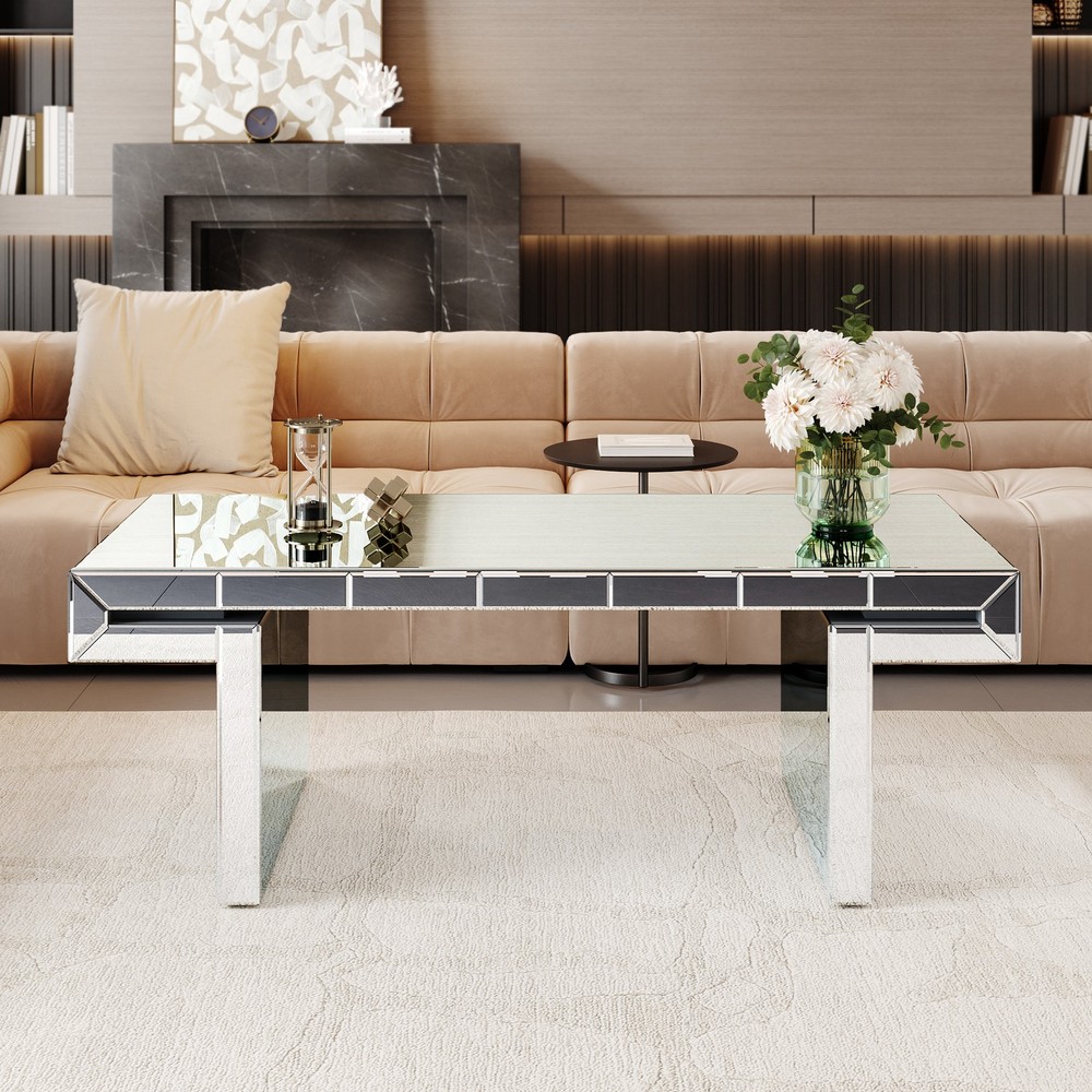 47 Inches Luxury Rectangular Mirror Coffee Table with Fluted Tempered Glass, Mo