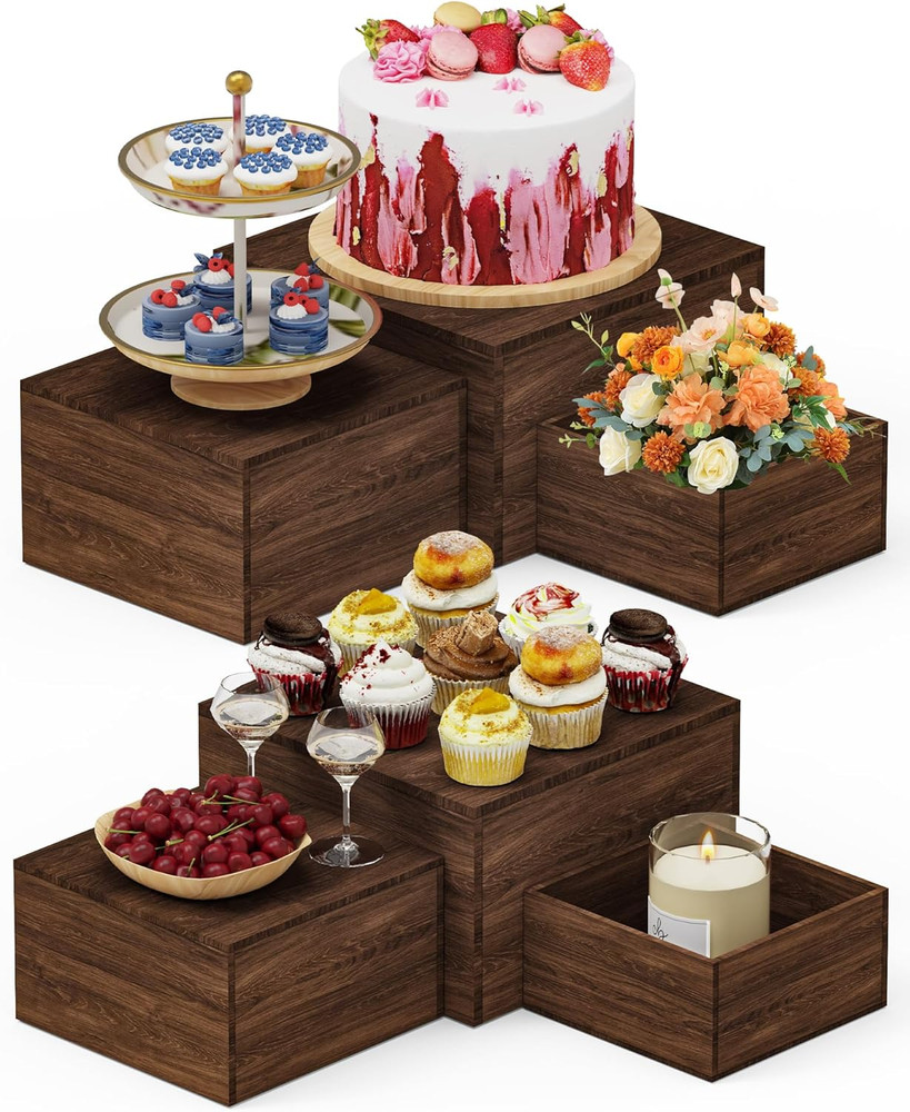 6-Piece Rustic Wooden Buffet Risers for Cake and Dessert Table Display