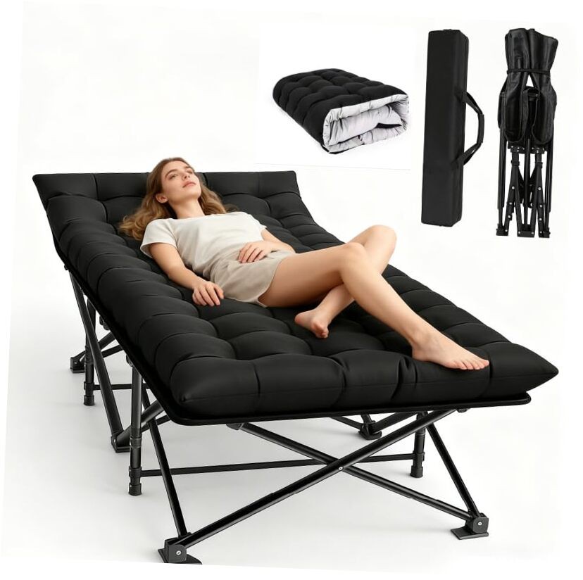 Oversized XXL Folding Camping Cot W/Mat for Black With Comfortable Mattress