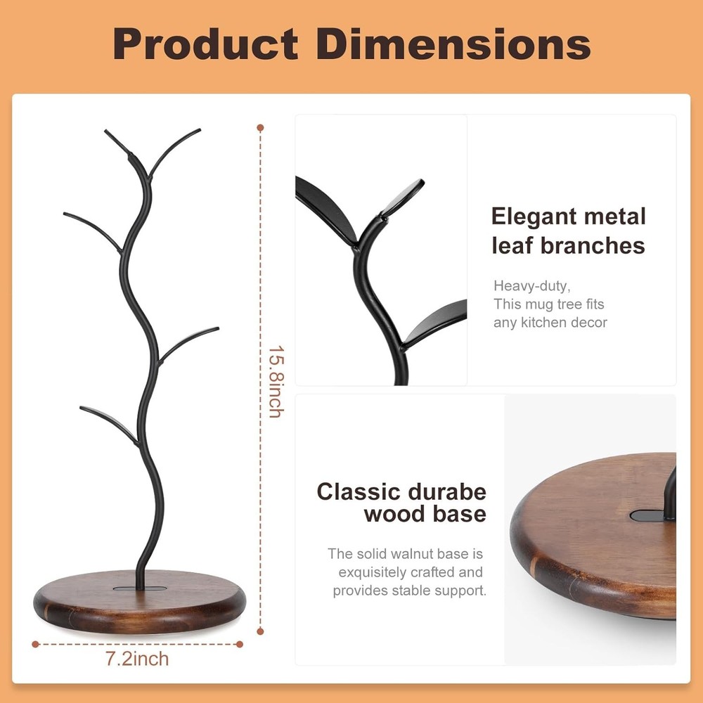 Mug Tree Holder Bronze Metal Leaf Branch & Solid Wood Base Mug Holders