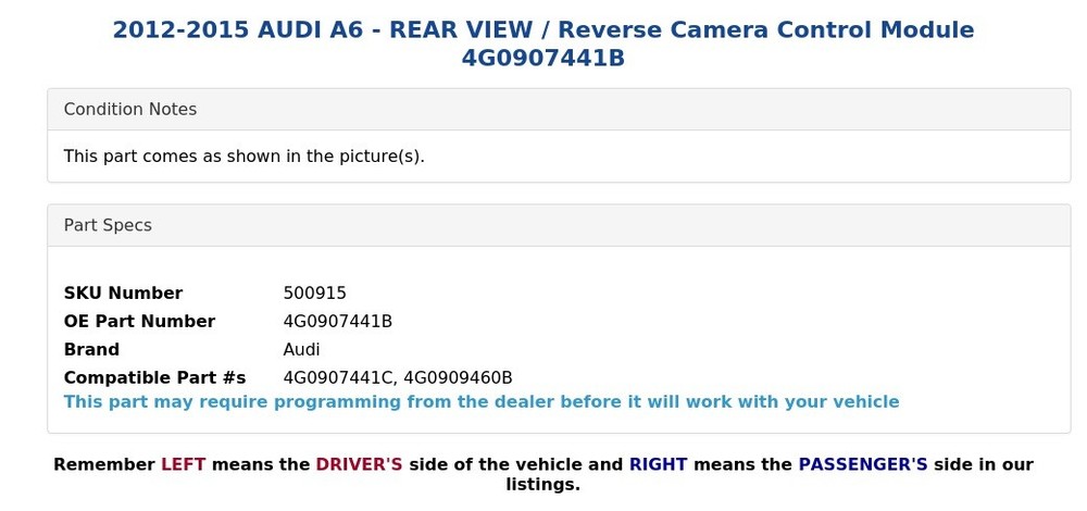 2012-2015 AUDI A6 - REAR VIEW / Reverse Camera Control Module 4G0907441B