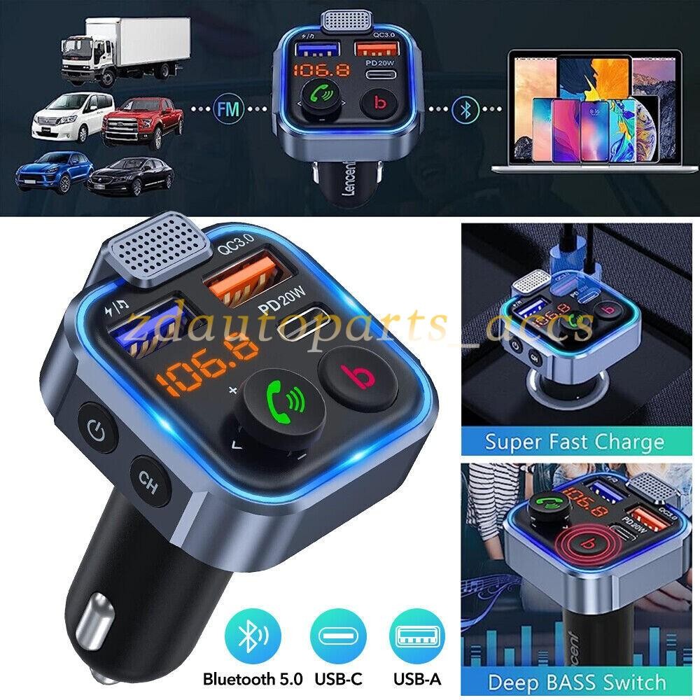 Bluetooth 5.0 Car Wireless FM Transmitter Adapter 2 USB PD Charger Hands-Free