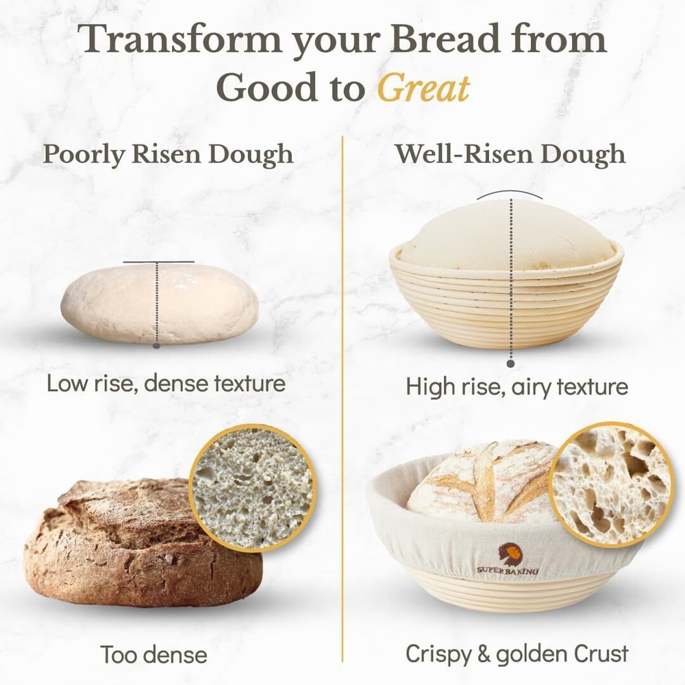 Bread Proofing Basket, Yeast Bread Baking Supplies, 9-Inch Round Beginner Set