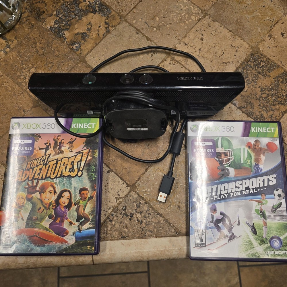 Xbox 360 Kinect Sensor Bar W/2 Games Tested Bundle Lot Microsoft