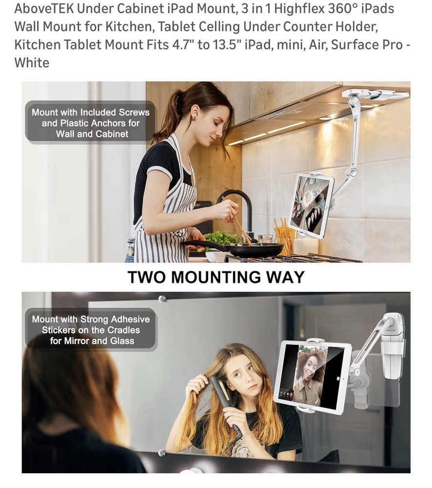 AboveTEK iPad Mount Stand Under Cabinet Tablet Holder Adjustable