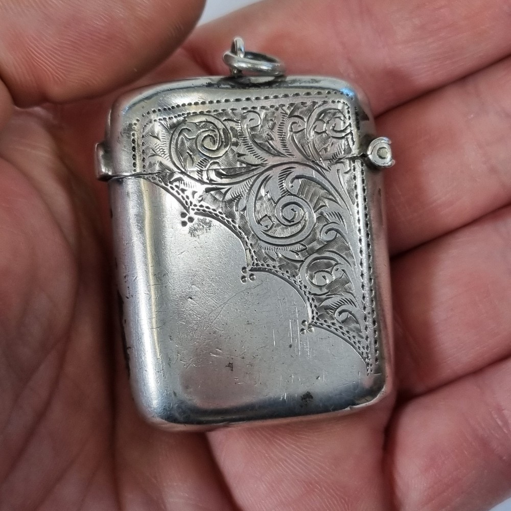 Antique Solid Silver Vesta Case Birmingham 1904 Arthur Cook 26.4g 4.5cm