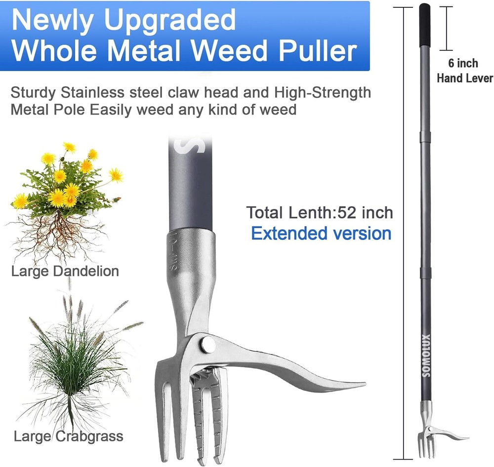 52'' Grass Puller Stand-Up Tool Heavy-Duty Stainless Claw with Long Metal Handle