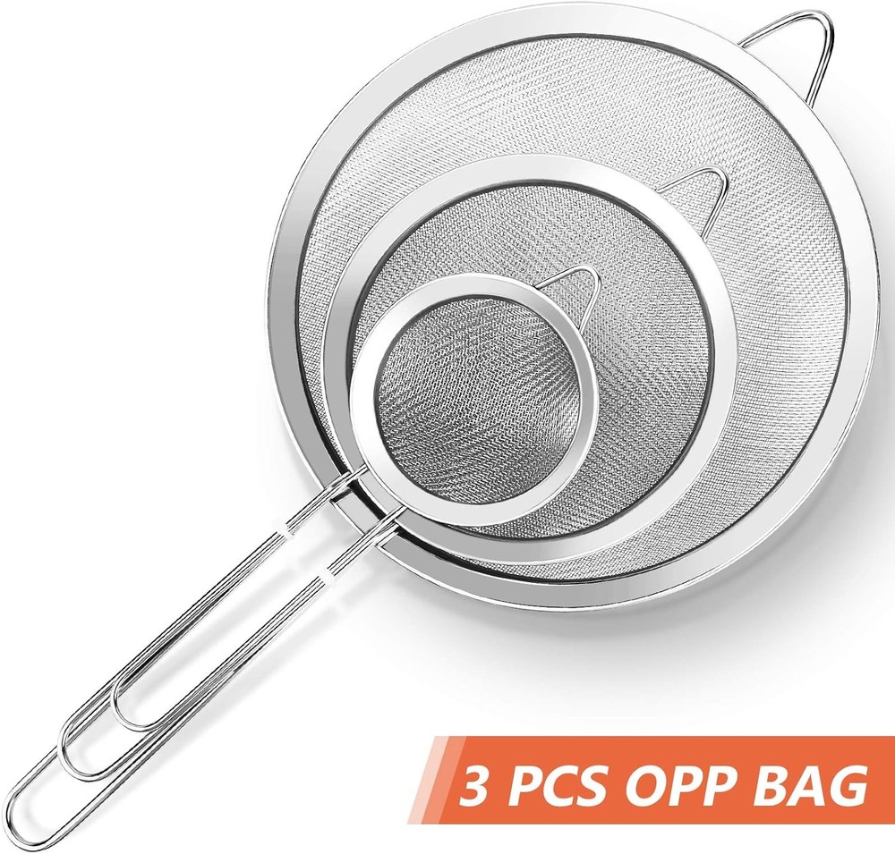3Pcs Super Wire Extra Fine Mesh Strainer with Handle, Small Medium Silver
