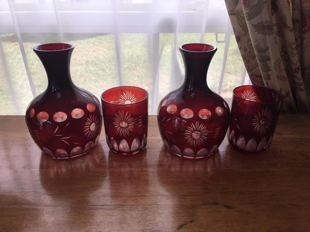Matching Pair Ruby Flash Water Decanter and Glass Tumble Up Gorgeous No damage