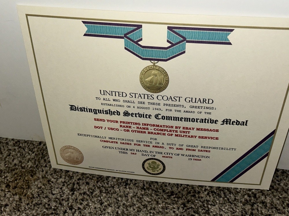 USCG DISTINGUISHED SERVICE MEDAL COMMEMORATIVE CERTIFICATE ~ TYPE-2 w/PRINTING