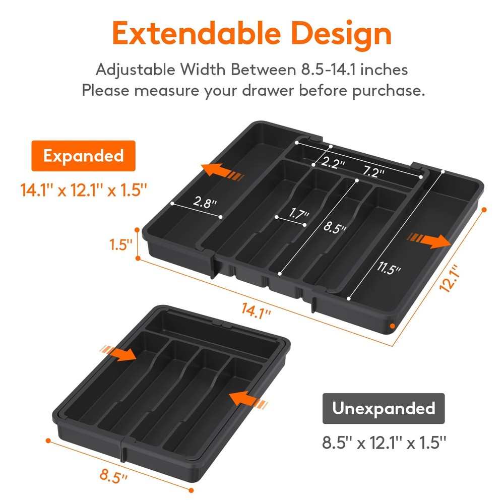 Silverware Drawer Organizer, Medium (8.5-14''W x 12''D), Black