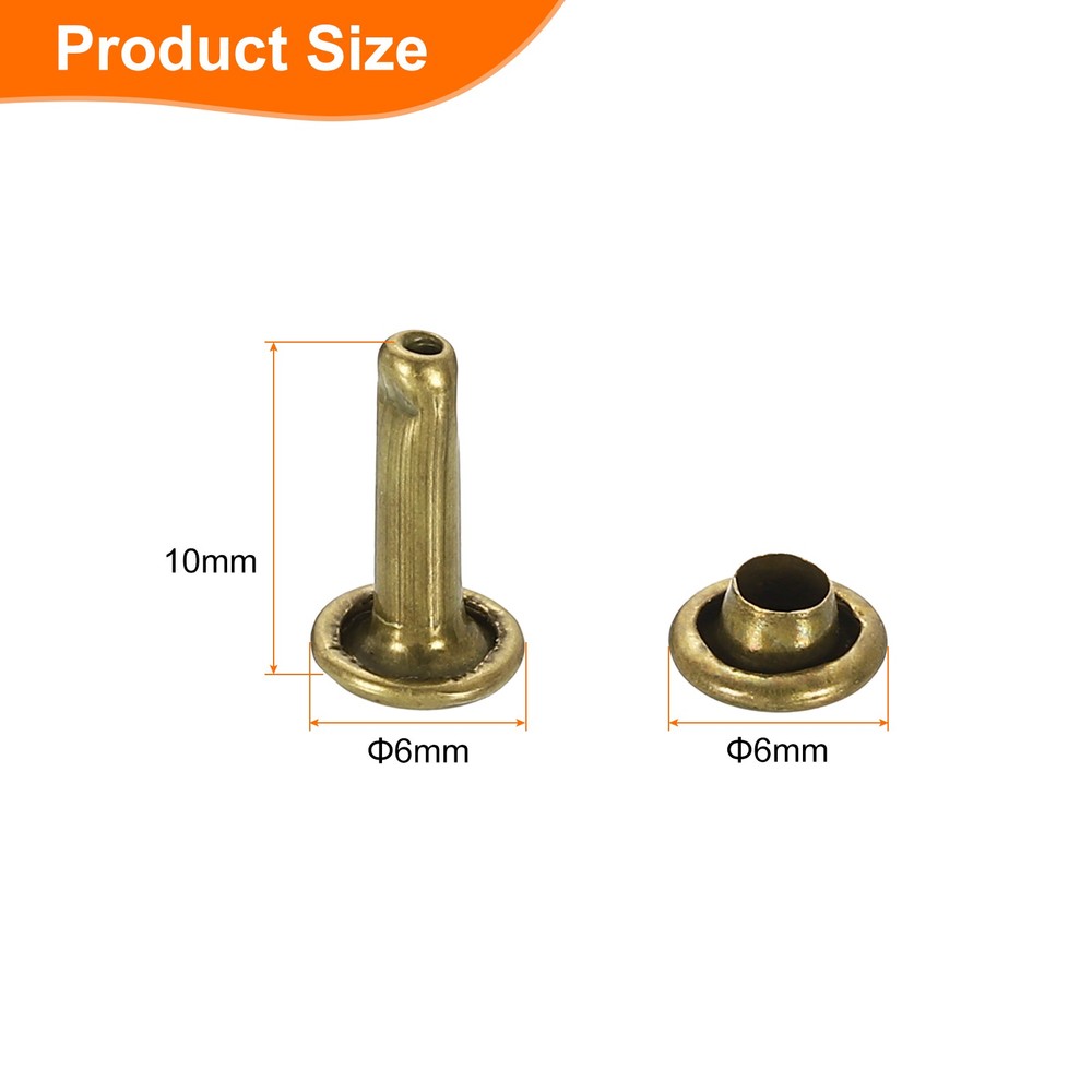 100Sets Double Cap Rivet 6x10mm Carbon Steel Round Head Snap Studs, Bronze