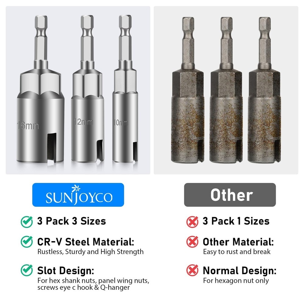 SUNJOYCO 3 PCS Power Wing Nut Driver Bit Set, CR-V Steel Wingnut Socket Bits,...