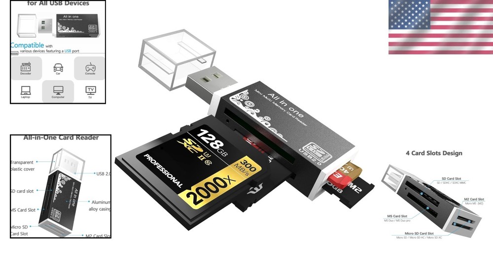 Aluminum 4-in-1 SD Card Reader, USB Adapter for Wide Compatibility - Plug & Play
