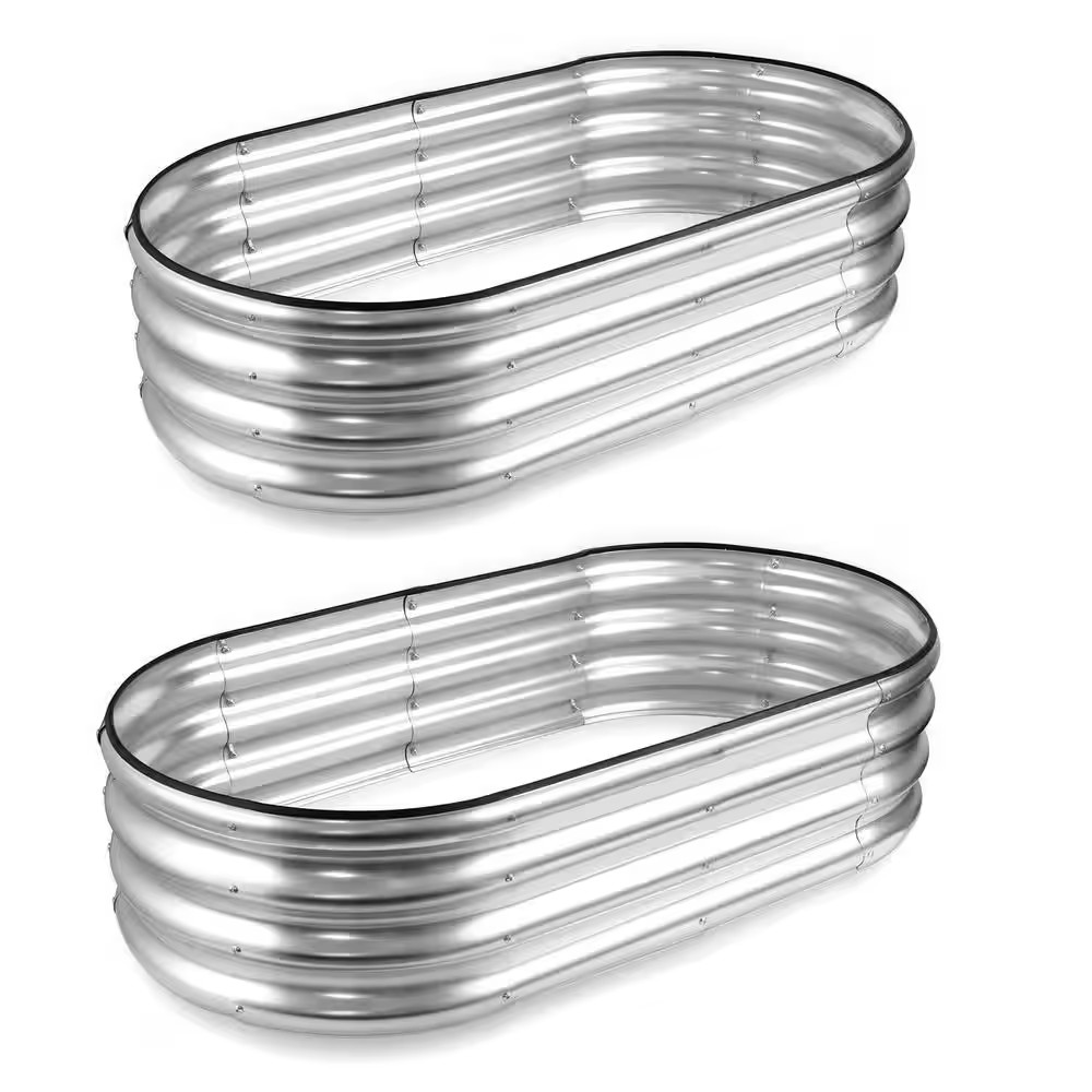 2-Piece Silver Metal Galvanized Oval Raised Planter Box for Plants Vegetables (4