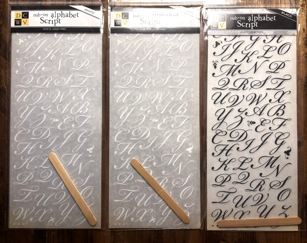 DCWV Rub On Alphabet SCRIPT - 3 sheets - 1 black, 2 white NEW Scrapbook Wedding