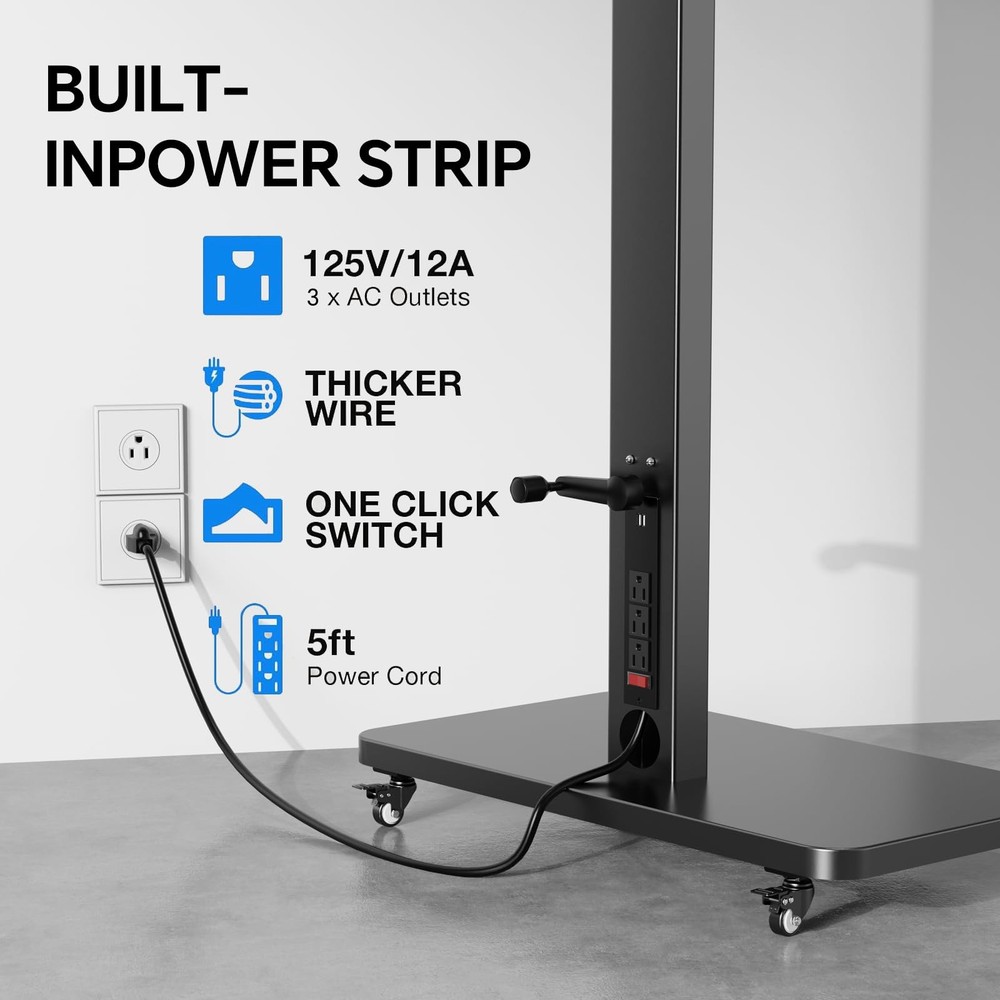 Mobile TV Stand with Power Outlet, Height Adjustable with Handle Stepless Lif...