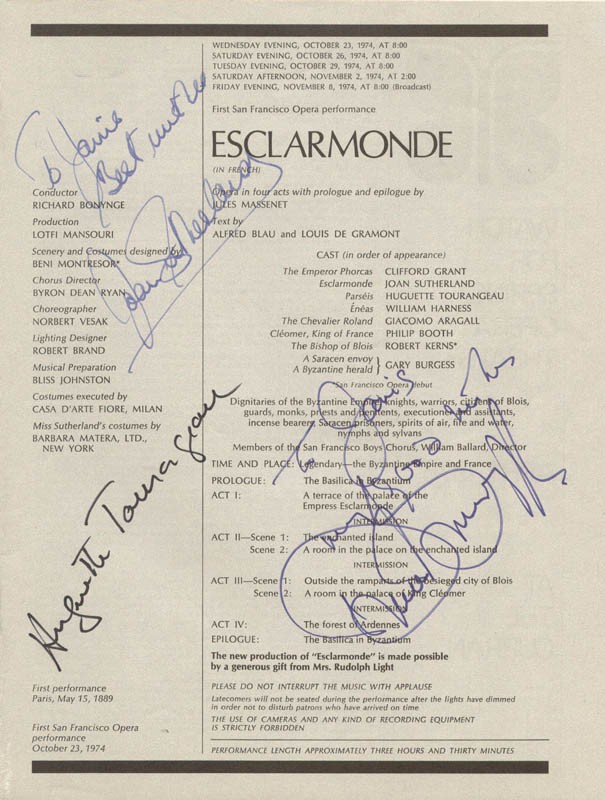 DAME JOAN SUTHERLAND - INSCRIBED PROGRAM SIGNED CIRCA 1974 WITH CO-SIGNERS