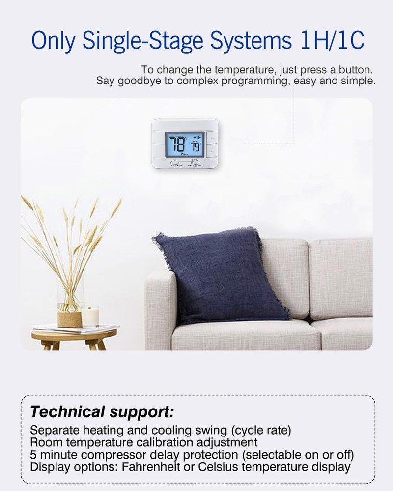 Non Programmable Thermostat for Home 1 Heat/ 1 Cool Single-Stage System, with...