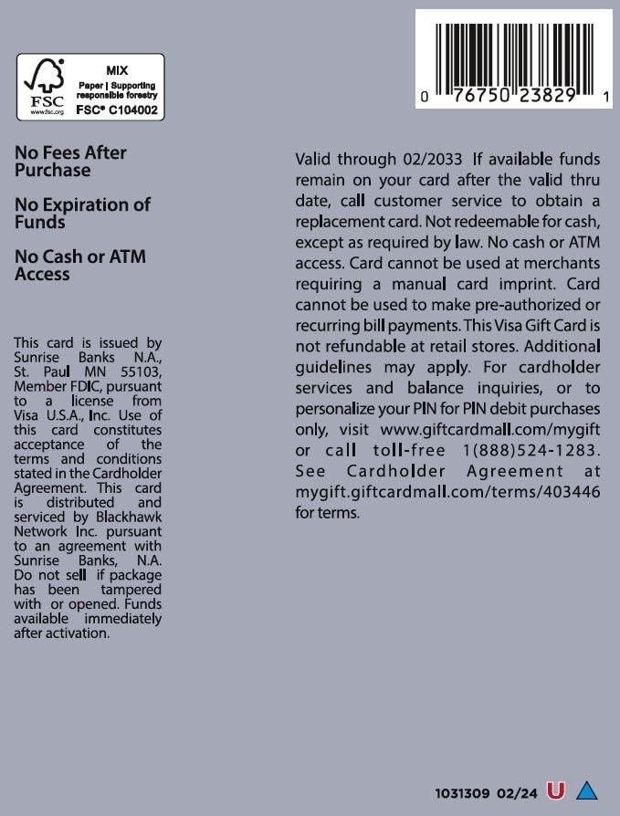 Visa $50 Gift Card (plus $4.95 Purchase Fee)