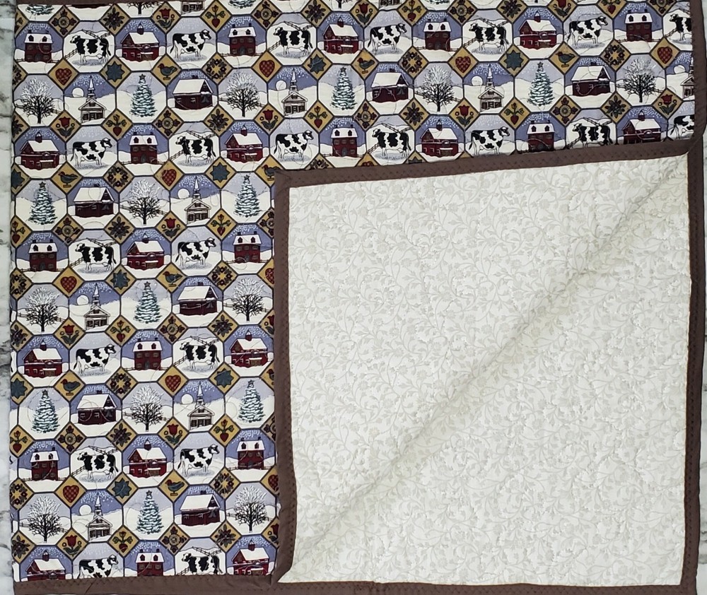 Country Christmas Cloth Table Runner Homemade Quilted Cows Rectangle Small EUC