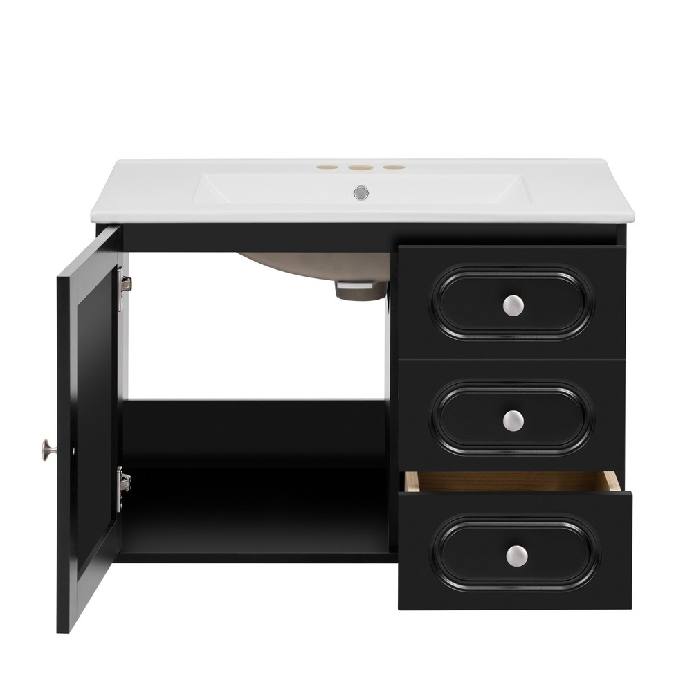 30" Mid-Century Bathroom Vanity: Ceramic Sink, 2 Drawers, Large Storage