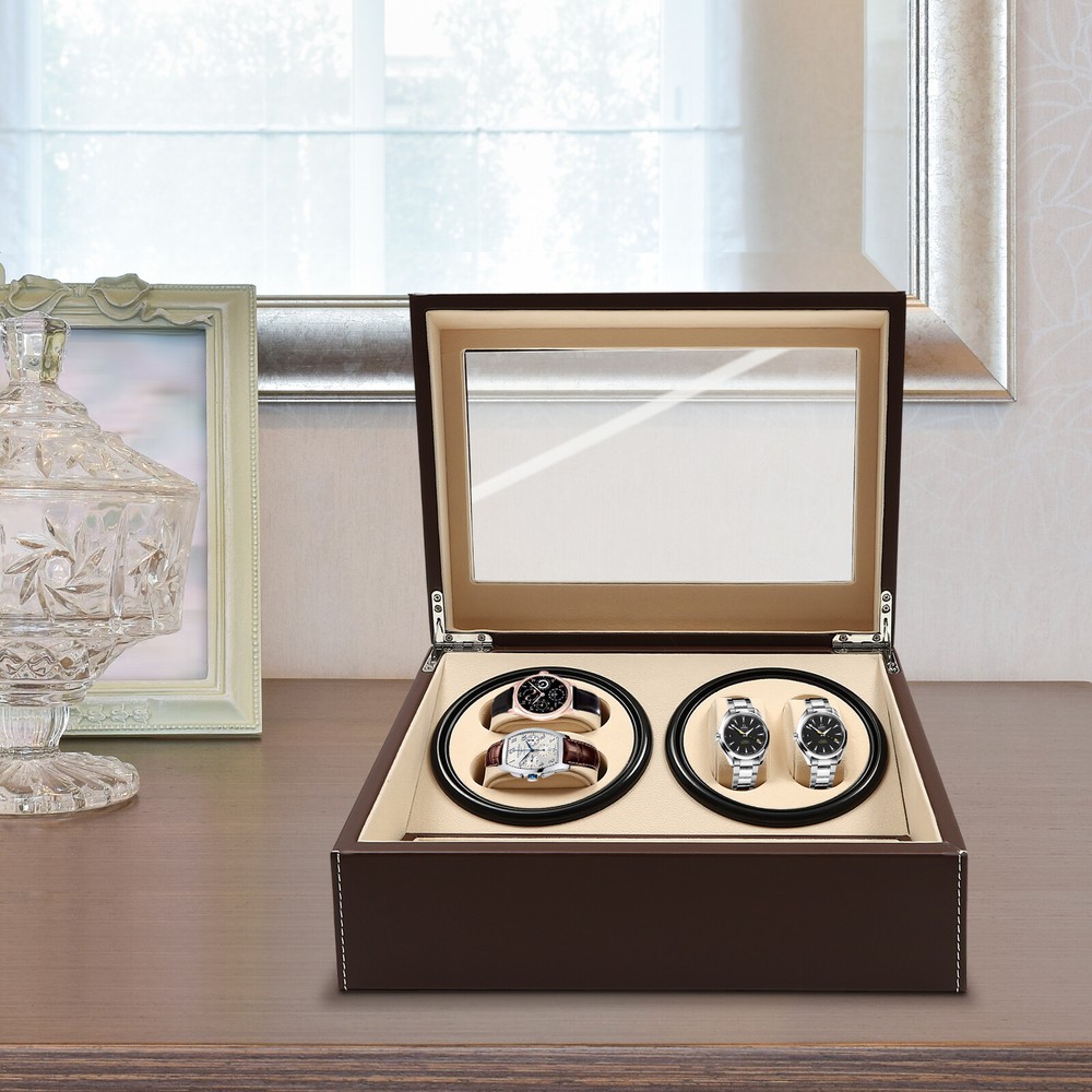 4+6 Automatic Rotation Leather Wood Watch Winder Storage Box Display Case