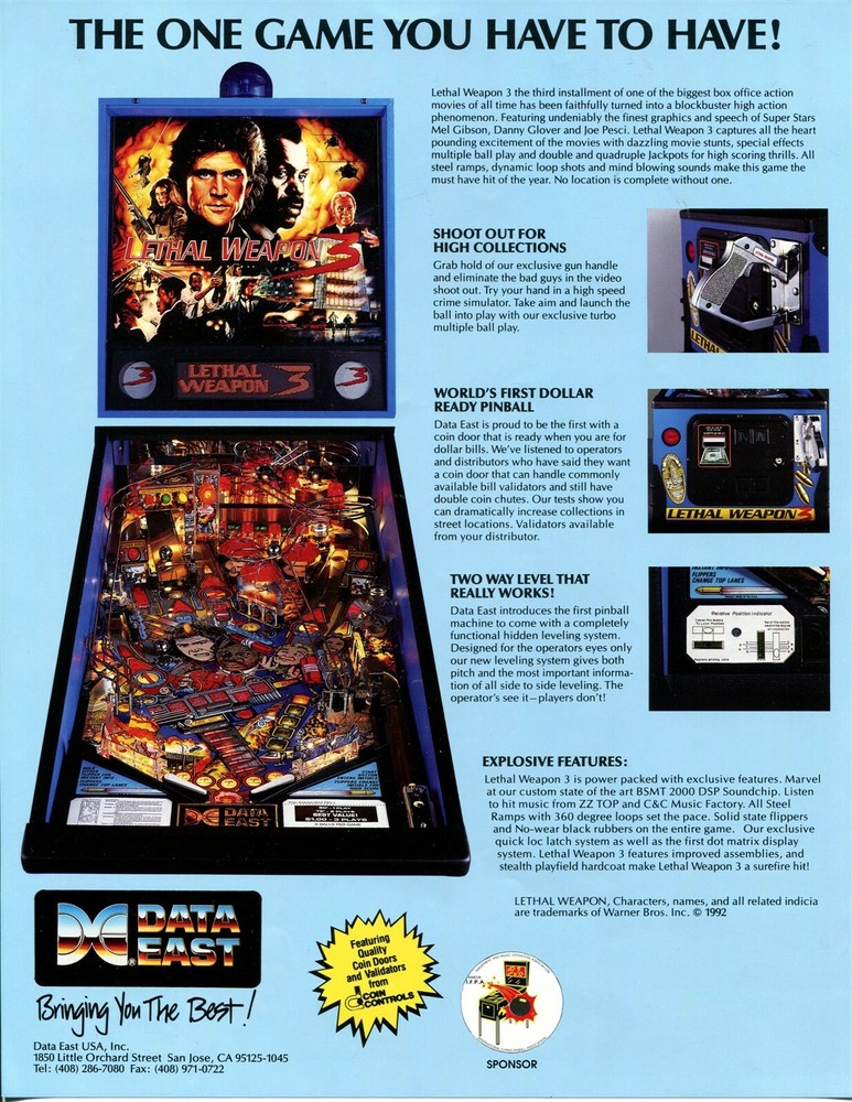 Lethal Weapon Pinball Flyer / Brochure / Ad - Mint