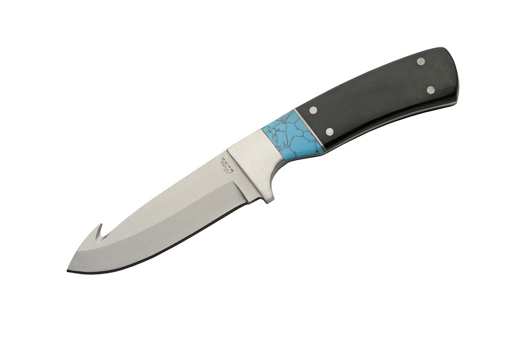 Fixed Blade Hunting Skinner Gut Hook Knife Black Turquoise Handle w/ Sheath